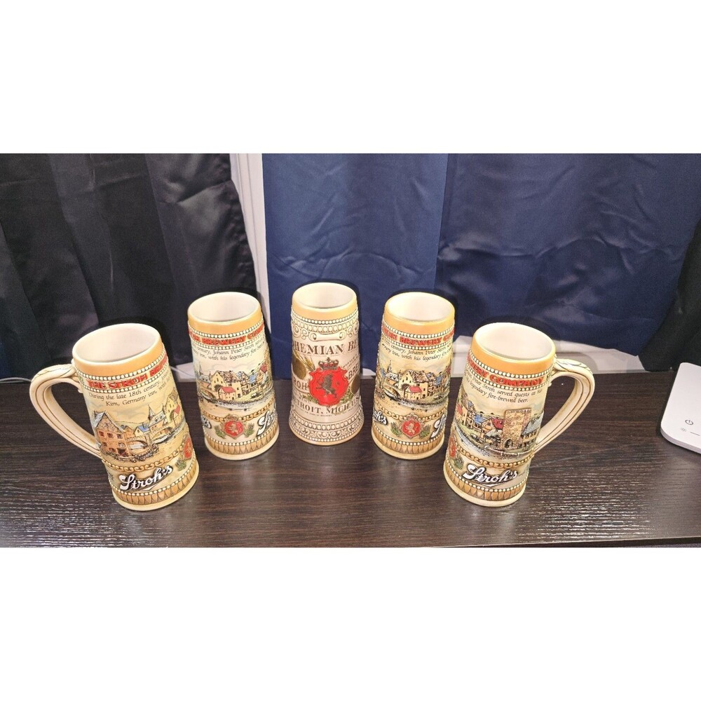 Vintage Stroh's Brewery Beer Steins Set of 5 - Heritage II & Bohemian Design New